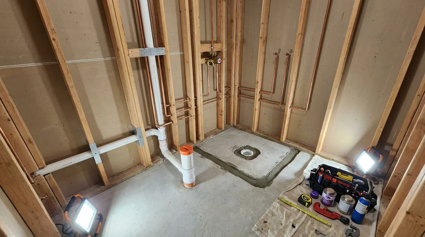 Bathroom rough-in plumbing during remodel by Johns Plumbing LLC in Pleasantville