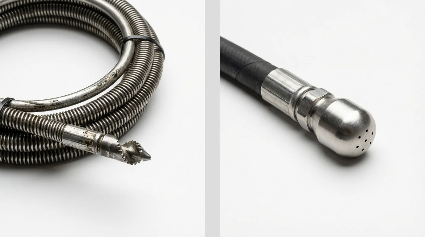 Drain snake cable and hydro jetting nozzle used for drain cleaning in Pleasantville, NJ