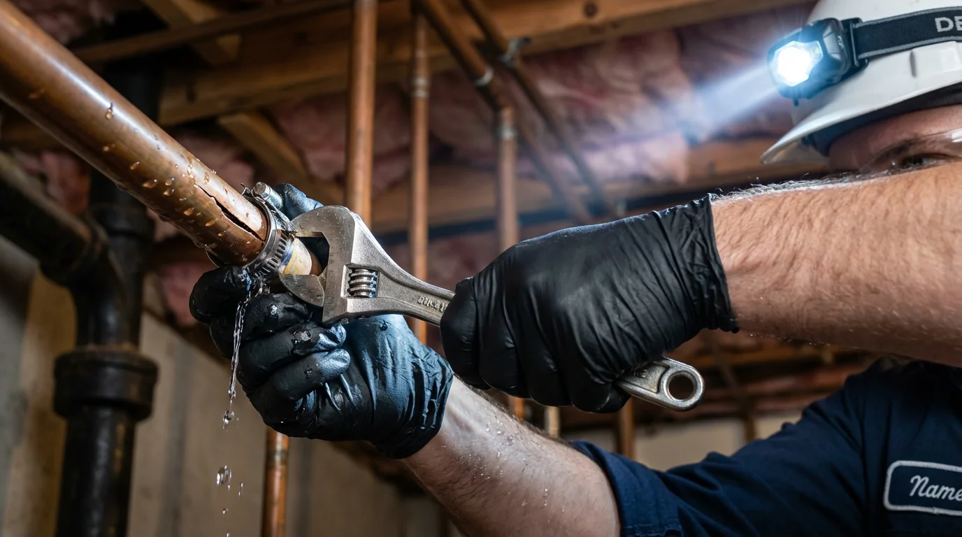 Emergency pipe clamp repair being performed by a Johns Plumbing LLC plumber in Pleasantville