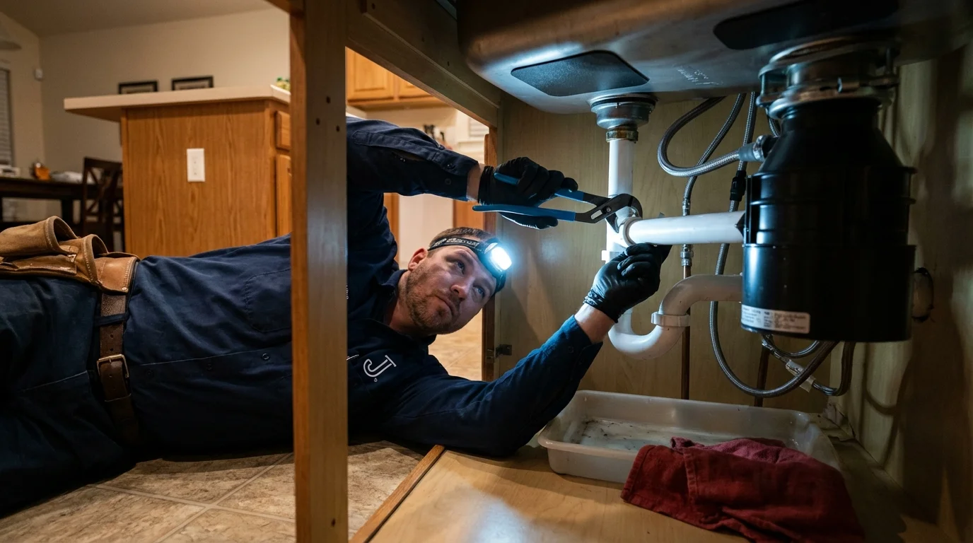 P-trap and supply line connections under a kitchen sink showing a common leak point in Pleasantville, NJ